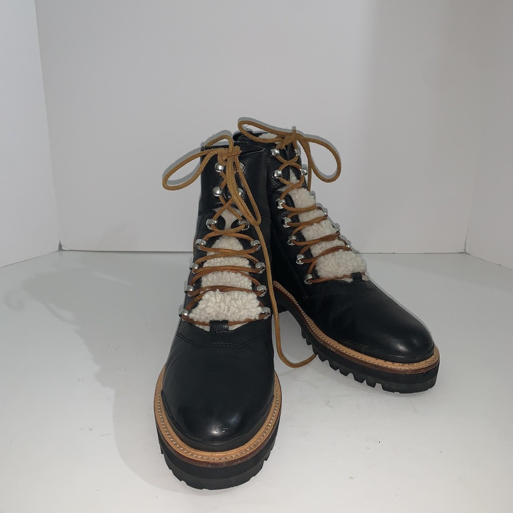 Marc Fisher Boots Womens Size 10 Black Leather Fur Lined Lace Up Combat Ankle